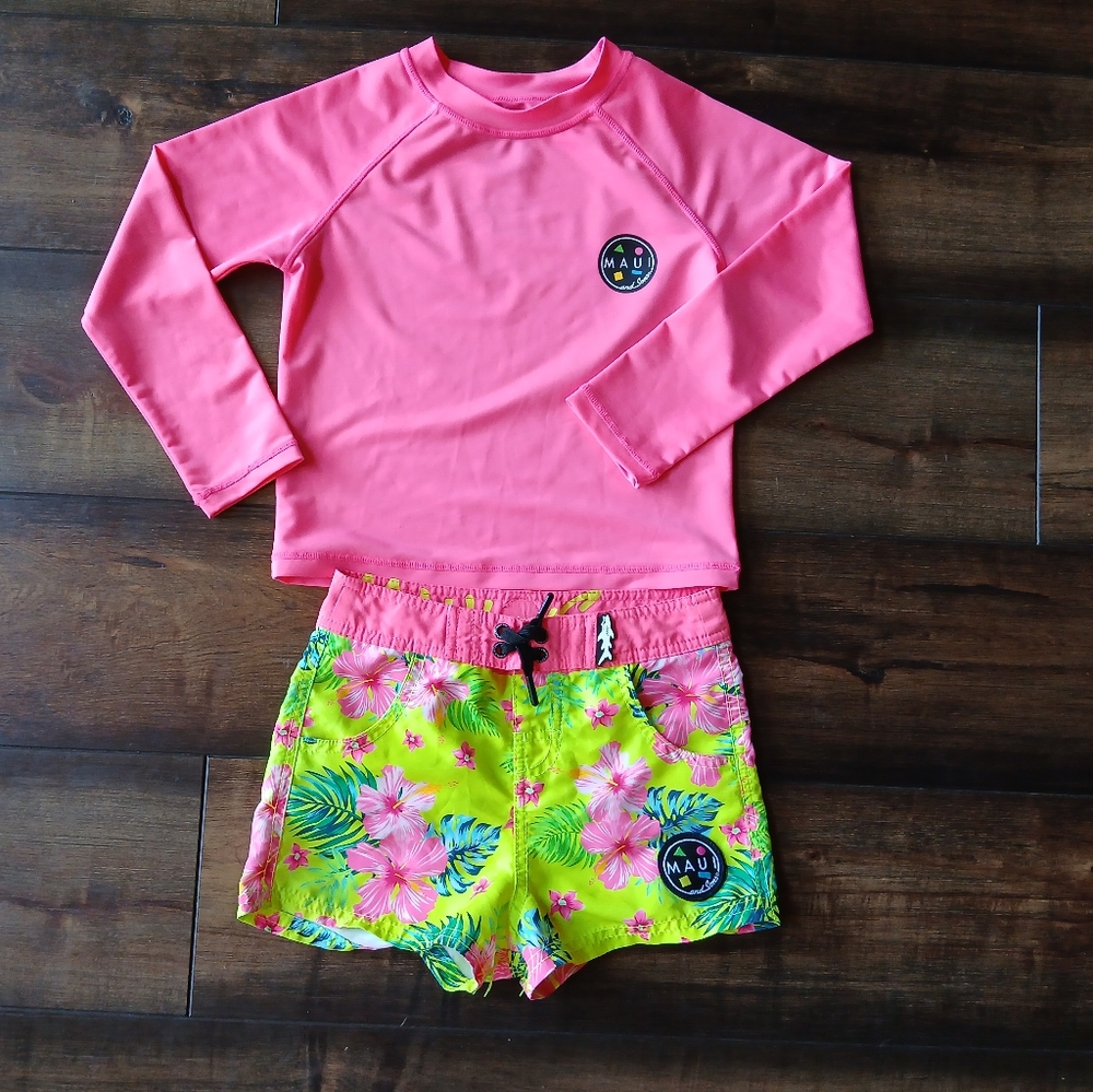 Maui and Sons swim set girls size XS 5/6 rash guard and board shorts